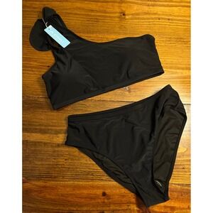ATHMILE Bikini Set Women XL Black One Shoulder Ruffle High Waist NEW